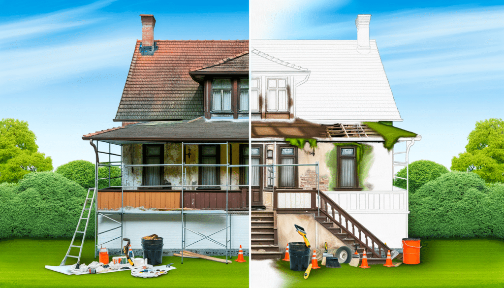 A house undergoing renovation, half is restored, the other half is a work-in-progress.