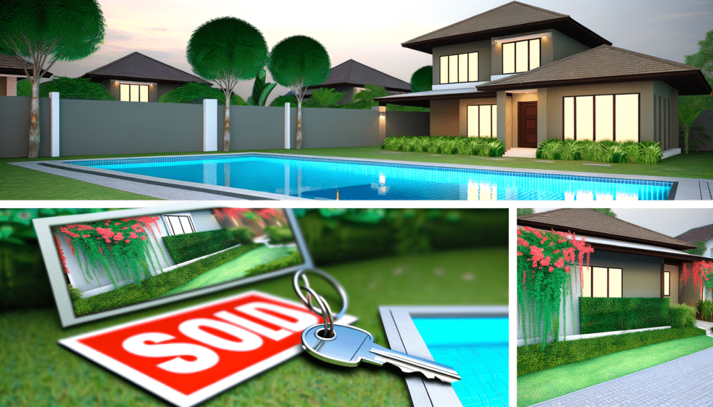 A modern two-story house with a swimming pool in the yard. Below, a "sold" sign with keys.