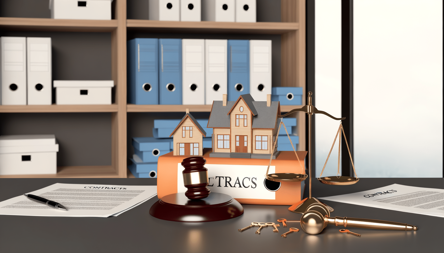 A legal-themed desk with a gavel, scales, keys, model houses, contracts, and storage folders in the background.