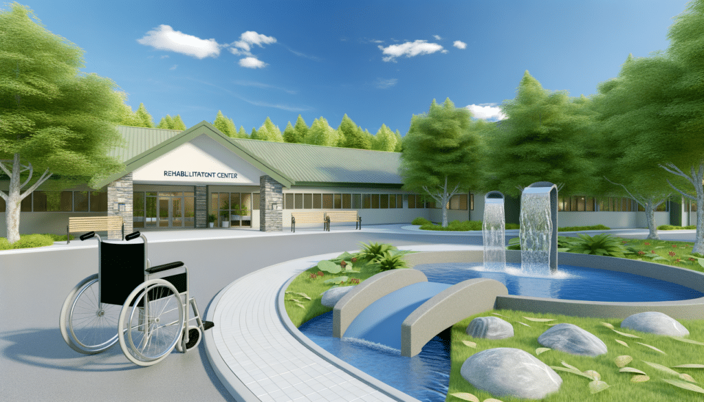 Entrance to a rehabilitation center with trees, a wheelchair, fountain, and a small bridge.