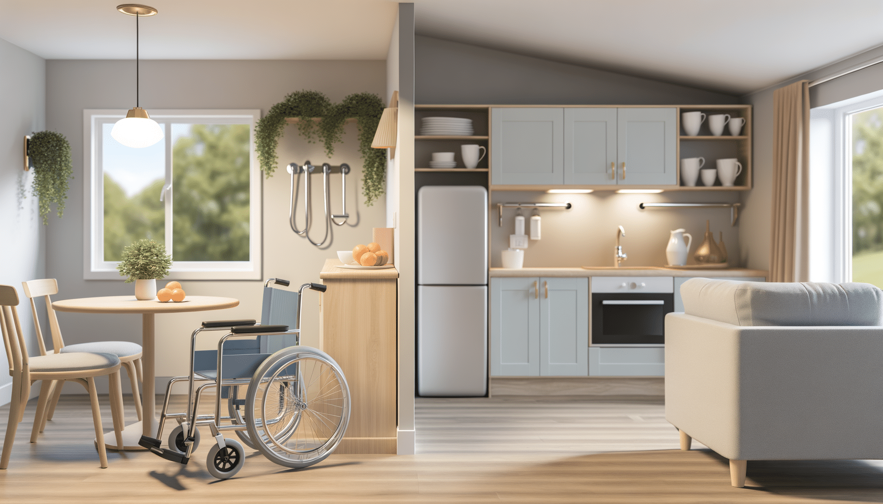 A cozy, accessible kitchen-living space with light wood and soft tones, featuring a wheelchair, wooden dining set, and pastel blue cabinets.