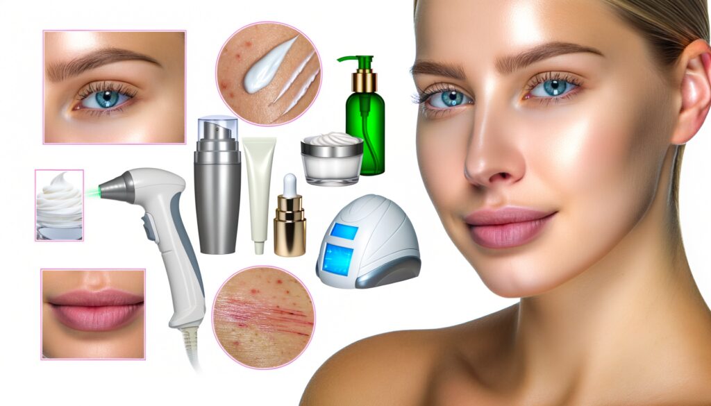 Close-up of a woman's face with clear skin, surrounded by skincare products, beauty devices, and detailed shots of skin and lips.