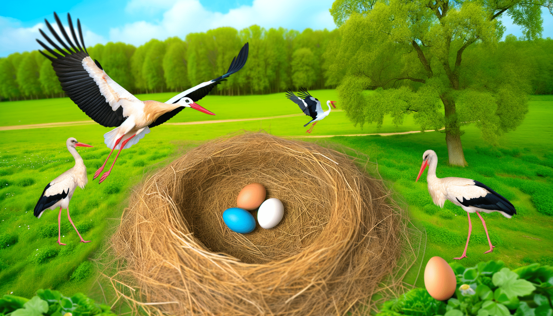 Storks in green meadow around a nest with colorful eggs.