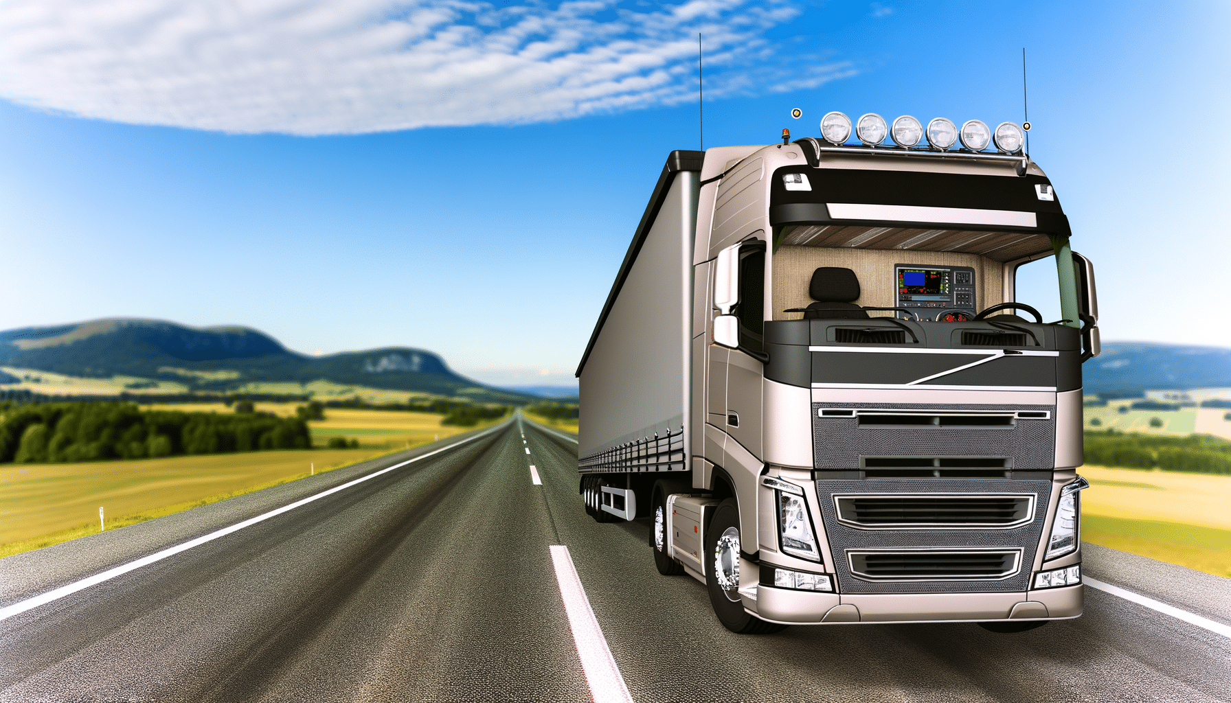 A silver semi-truck is driving on a straight highway with expansive green fields and hills under a blue sky.