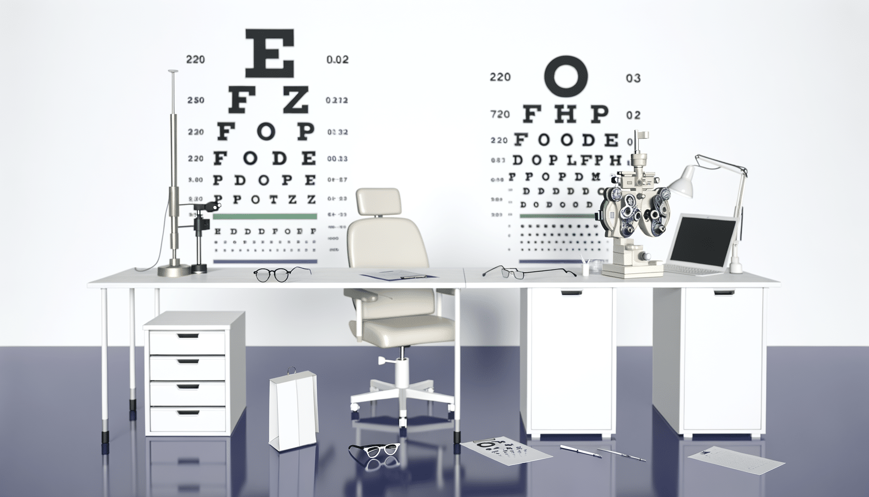 An optometrist's office with eye charts, an examination chair, desk, and ophthalmic equipment.