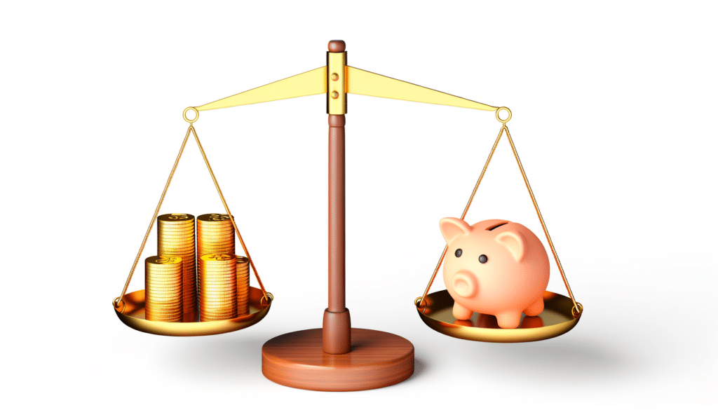 A balance scale with stacks of coins on one side and a piggy bank on the other.