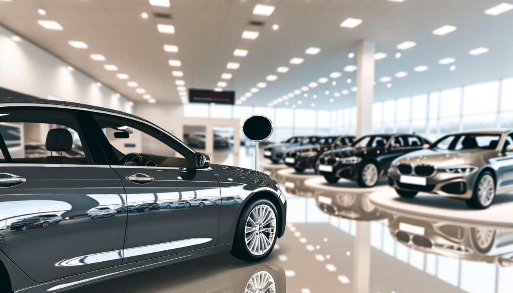 Car showroom with various cars displayed under bright lights.