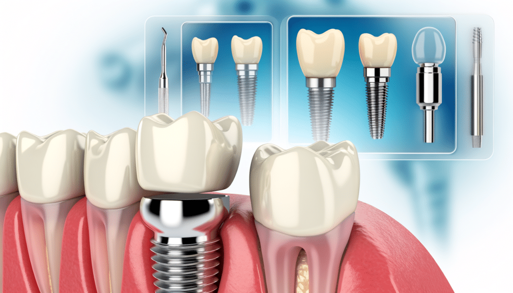 Illustration of a dental implant installation with a cutaway view showing the gum, a screw implant, and crowns. Includes graphical steps and dental tools.