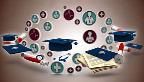 Floating graduation caps, stethoscopes, diplomas, and medical symbols illustrate medical education.