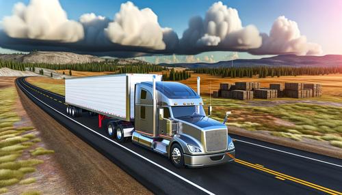 A semi-truck drives on a road through a scenic landscape with rolling hills, trees, and large, dramatic clouds.