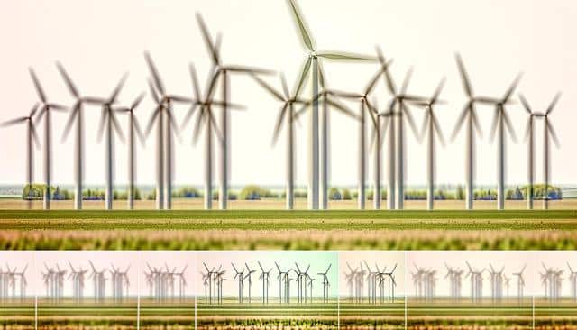 Rows of wind turbines in a field beneath a clear sky.