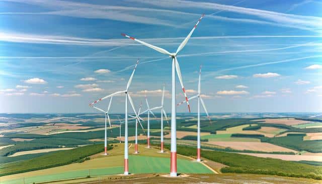 A row of wind turbines on a green, rolling landscape under a blue sky with clouds.