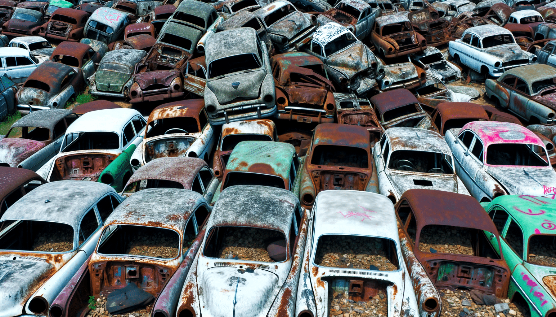 Aerial view of a large collection of old, rusted cars piled together in a junkyard.