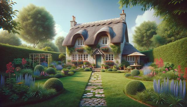 A charming stone cottage with a thatched roof, surrounded by lush gardens and colorful flowers.