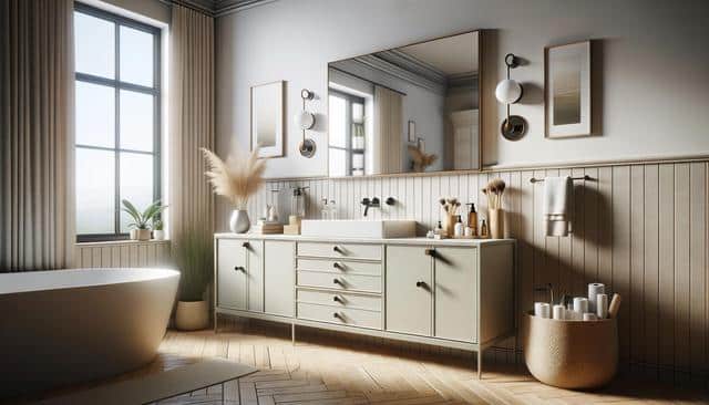 Modern bathroom with a large window, freestanding tub, light wood vanity, and accessories.