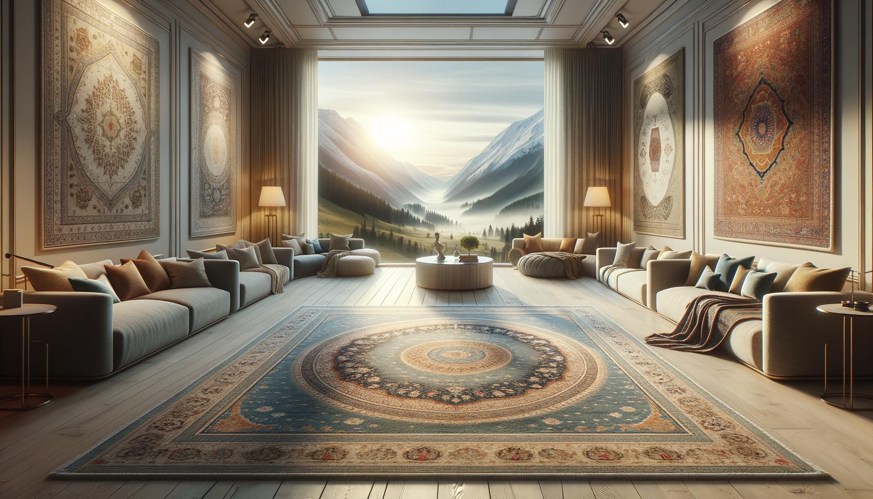 Luxurious lounge with large windows showcasing a mountain view, elegant sofas, and intricate wall tapestries.