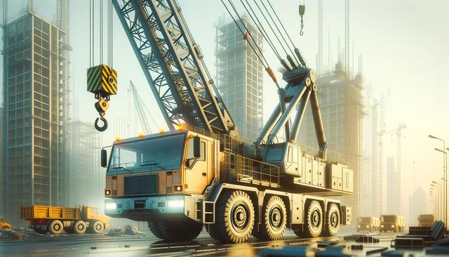 A large mobile crane on a construction site with unfinished skyscrapers in the background, under a hazy sky.