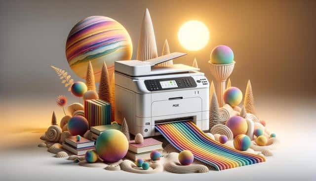 A printer producing a vibrant rainbow-colored sheet, surrounded by colorful spheres and abstract shapes, with a warm, glowing background.