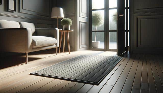 Cozy room with a sofa, lamp, and plants by an open door, sunlight on the wooden floor and gray rug.