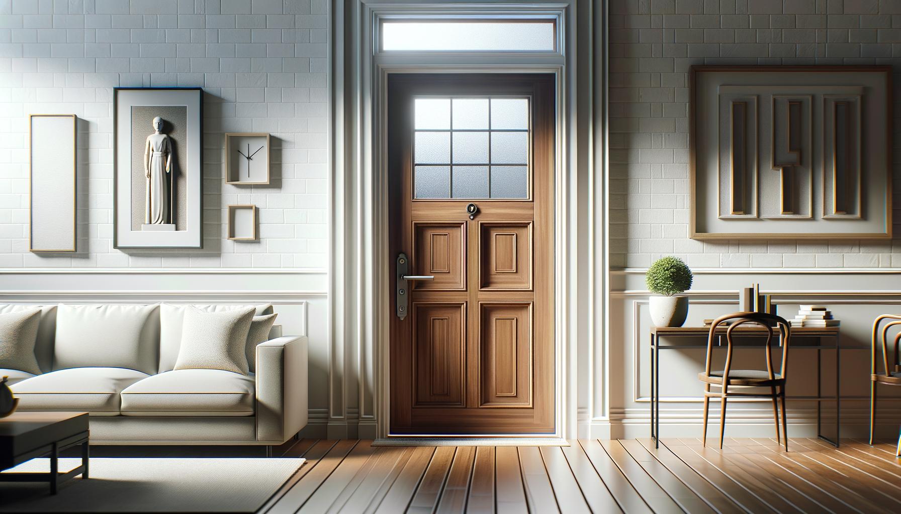 A bright entryway with a wooden door, white sofa, artwork on the walls, and a small desk with a chair and potted plant.