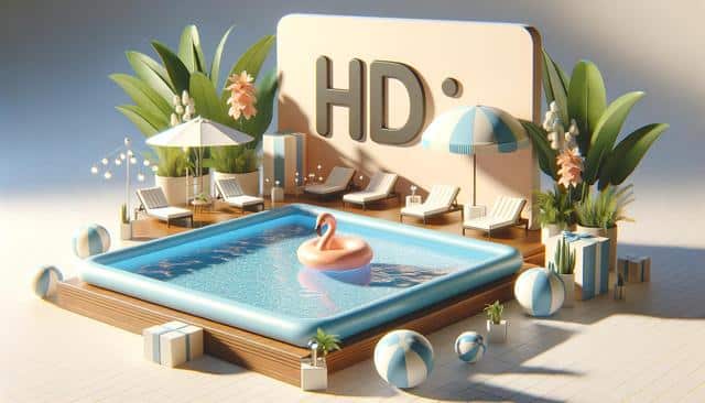 A digital art scene featuring a small pool with a pink flamingo float, surrounded by lounge chairs, umbrellas, potted plants, and beach balls, all under a large "HD" sign.