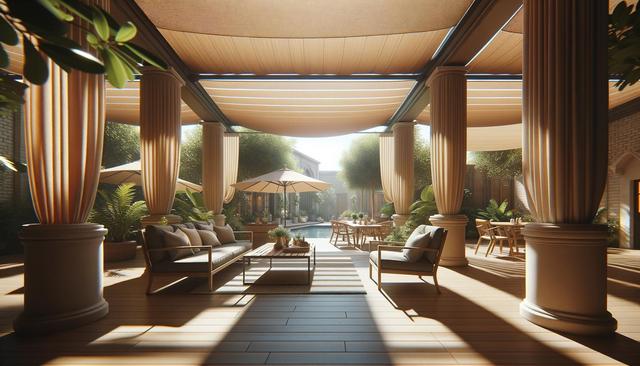Elegant sunlit patio with wooden furniture, large columns, beige awnings, and leafy plants.