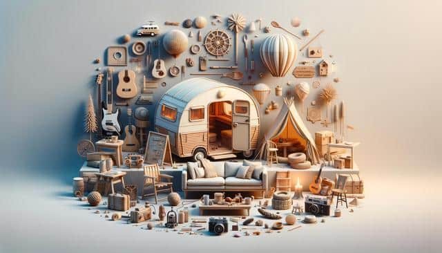 A whimsical collage with a small camper, tent, guitars, hot air balloon, various travel and leisure items, set against a gradient background.