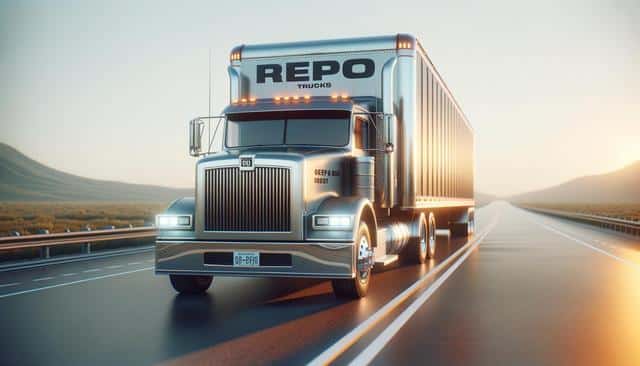 A large, shiny truck labeled "REPO" drives down an empty highway at sunrise.