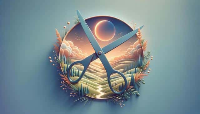 Surreal artwork of scissors cutting through a dreamy landscape with hills, clouds, and a glowing moon.