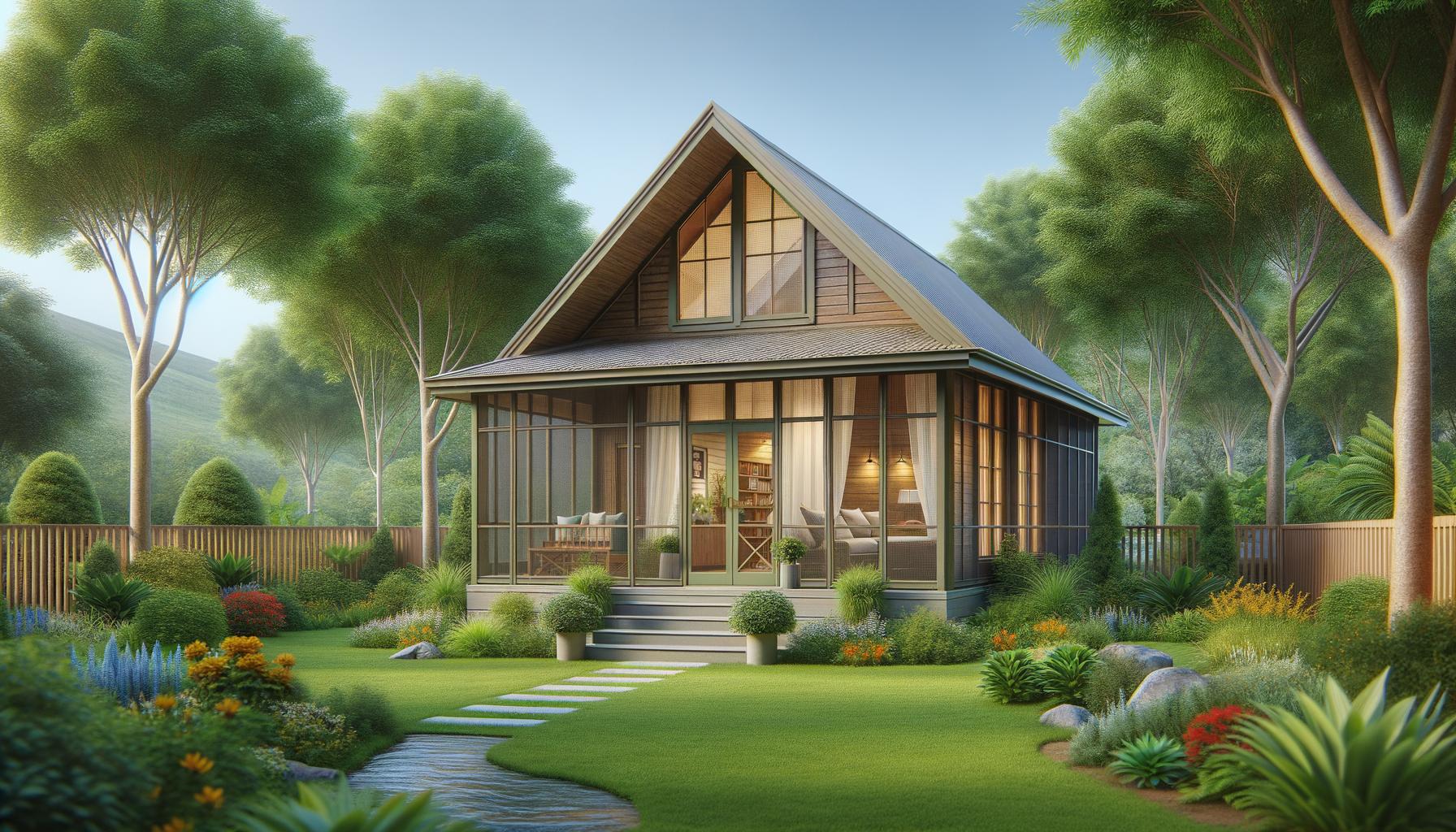 A cozy cottage with a steep roof and large windows is surrounded by lush greenery, flowers, and tall trees in a serene garden.