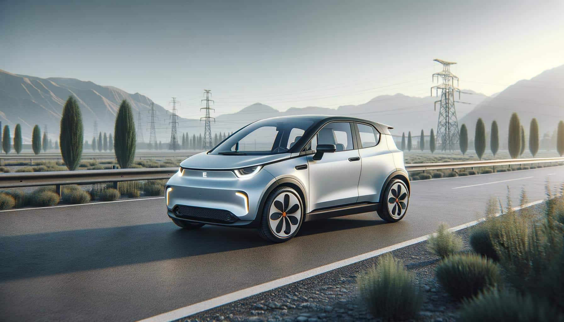 A sleek, small, silver electric car on a road with mountains and power lines in the background.