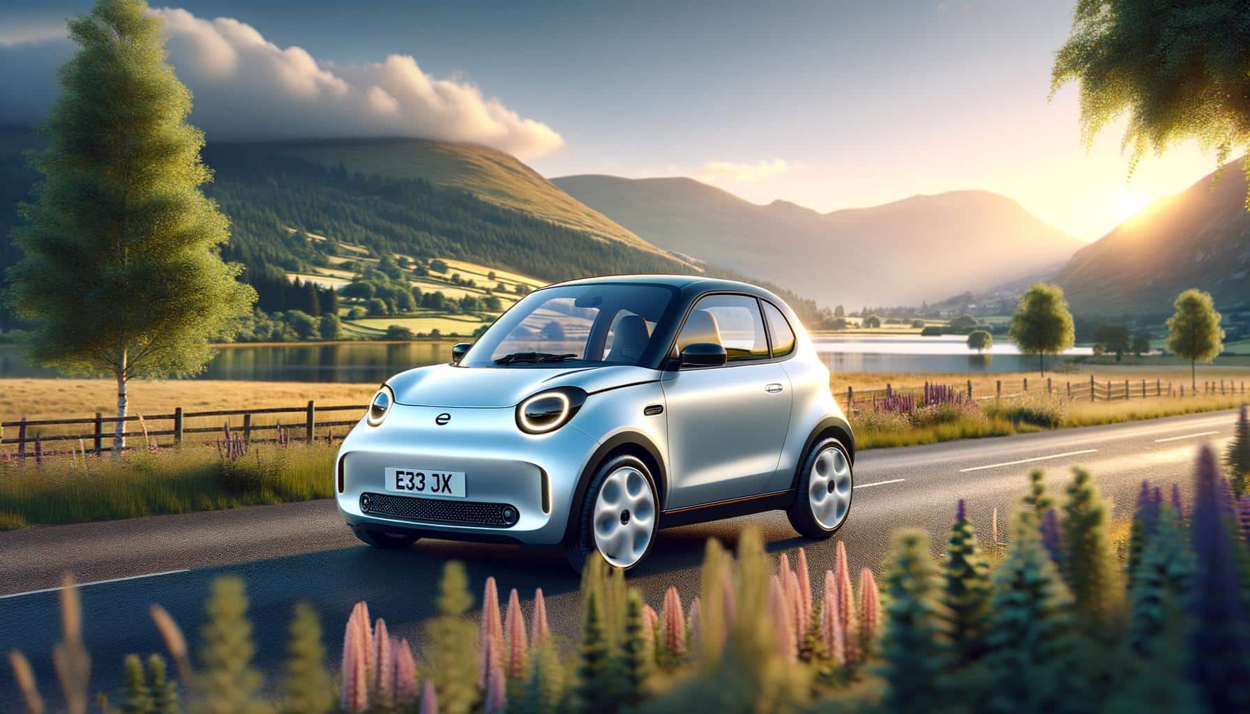 A small, silver compact car on a rural road with mountains, trees, and a lake at sunset.