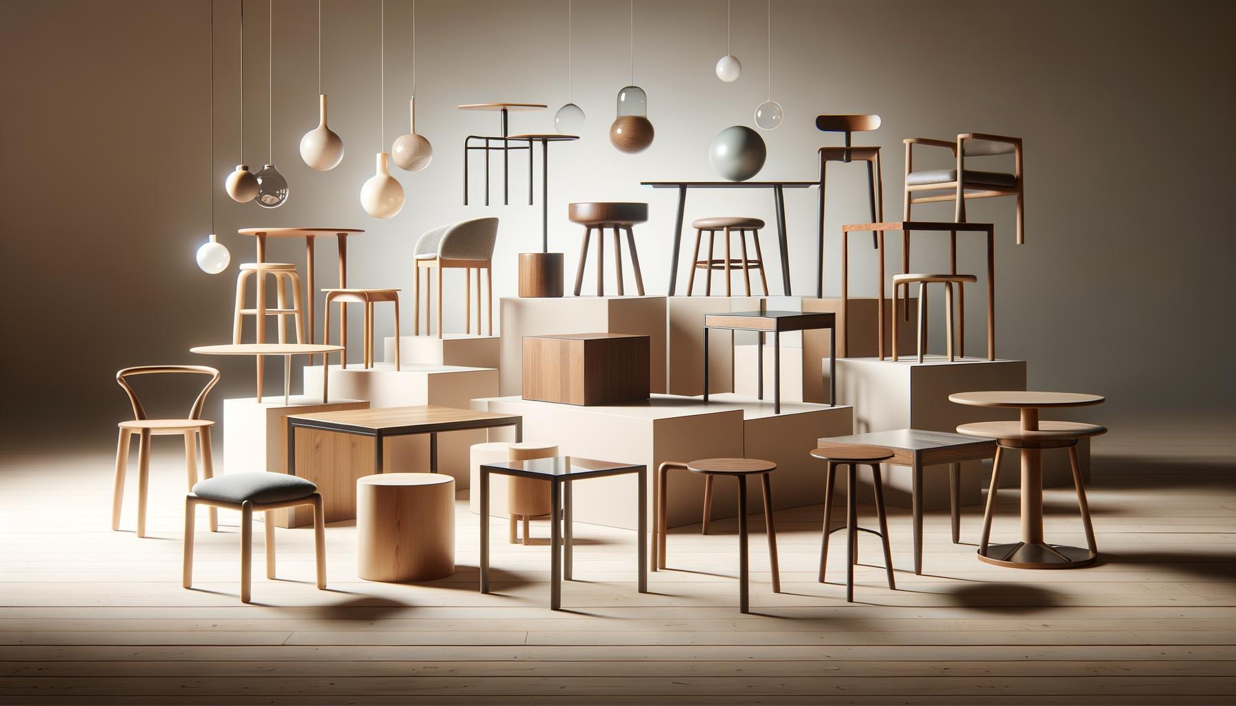 A variety of modern chairs and stools displayed on a multi-level platform, with hanging pendant lights above.