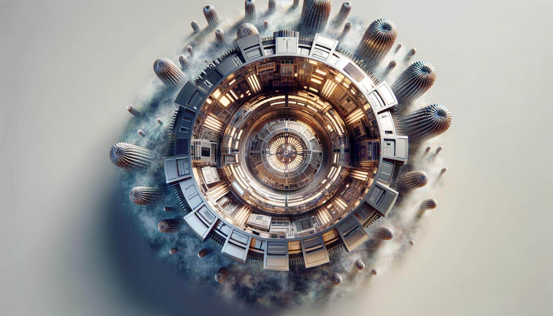 Futuristic mechanical sphere with intricate details and glowing lights, surrounded by abstract protrusions.