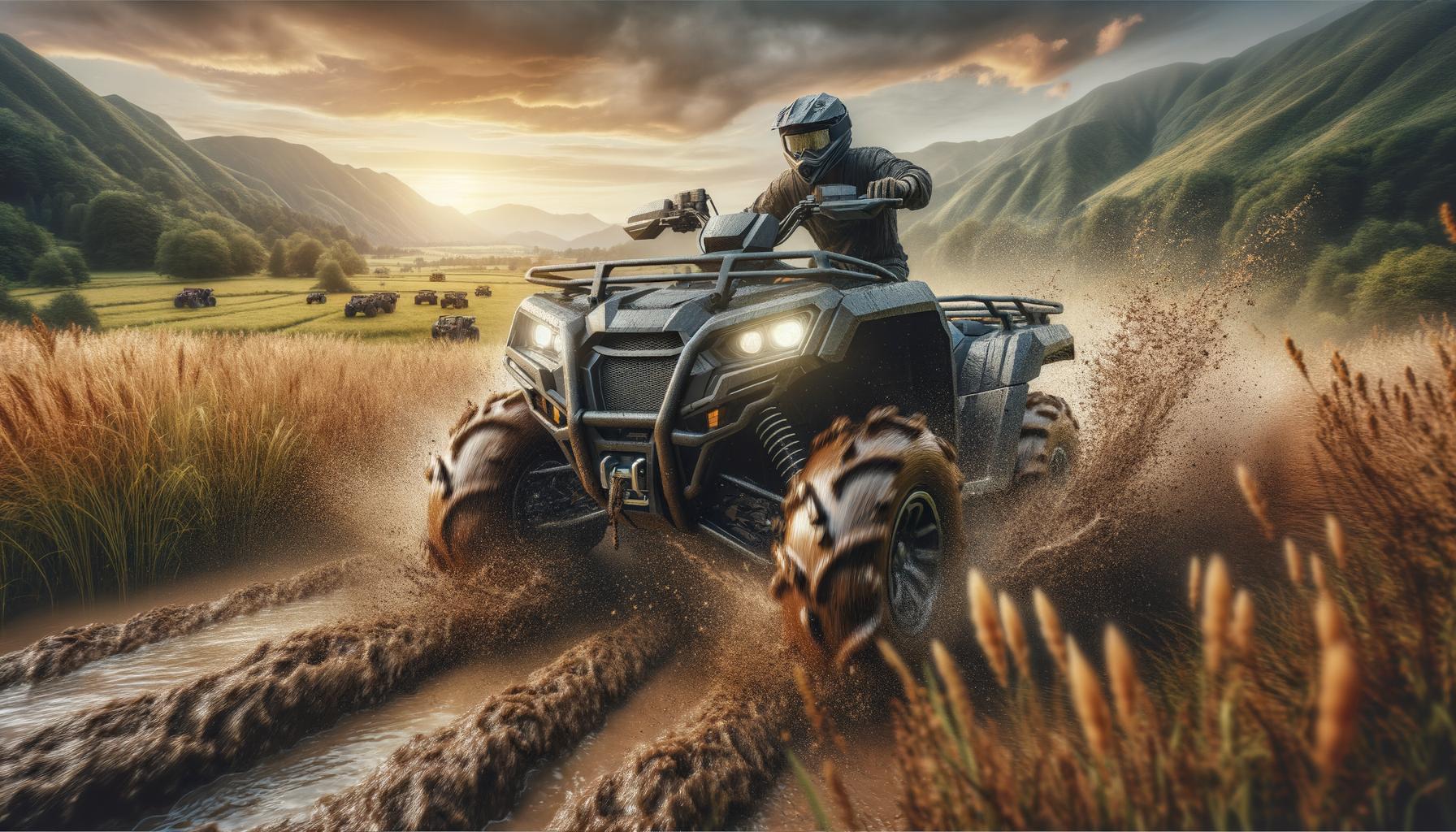 A person rides an ATV through a muddy field at sunset, with mountains in the background.