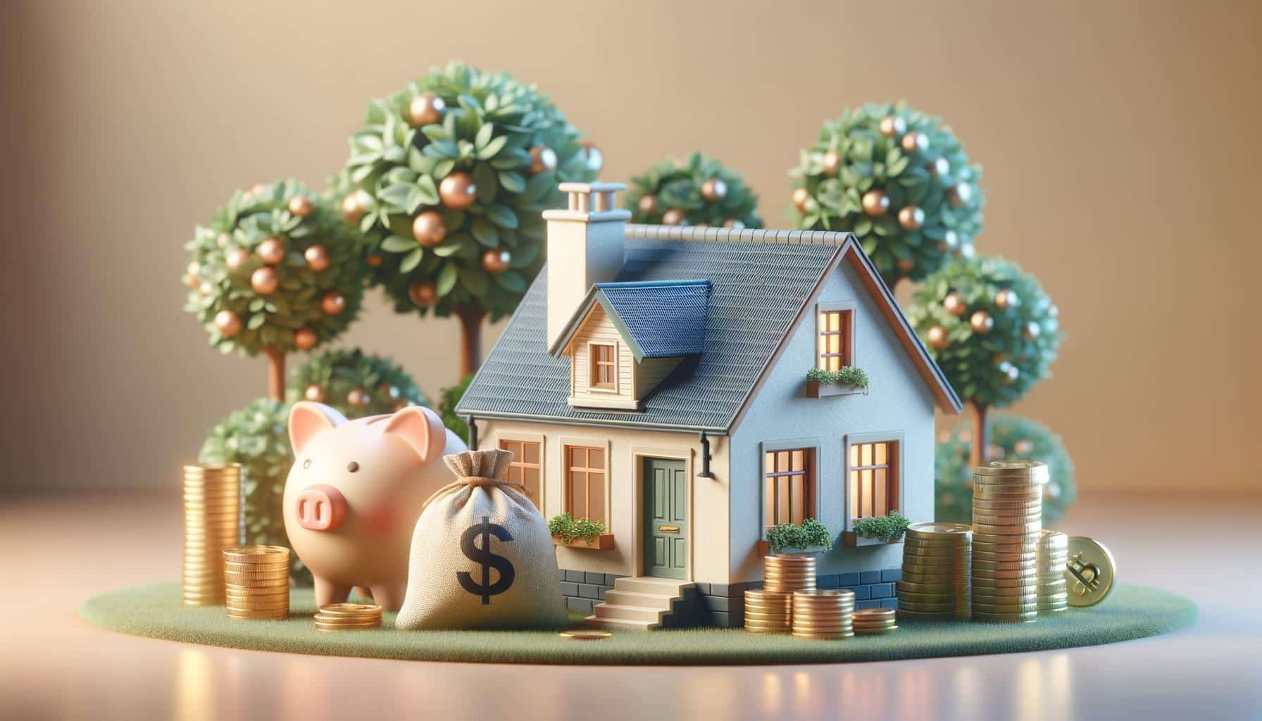 A miniature house surrounded by trees, a piggy bank, a money bag, and stacks of coins.