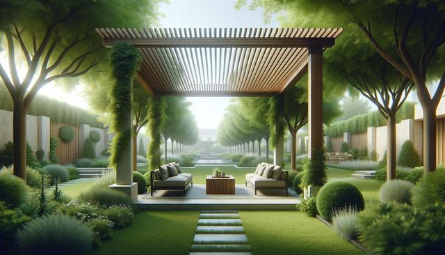 A tranquil garden with a wooden pergola, soft seating, and lush greenery.
