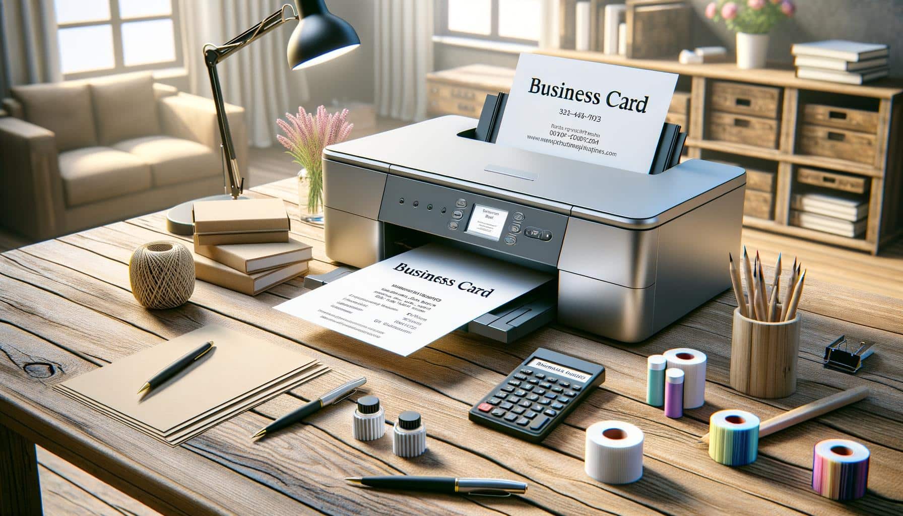 A printer on a wooden desk prints business cards, surrounded by stationery and books in a cozy room.