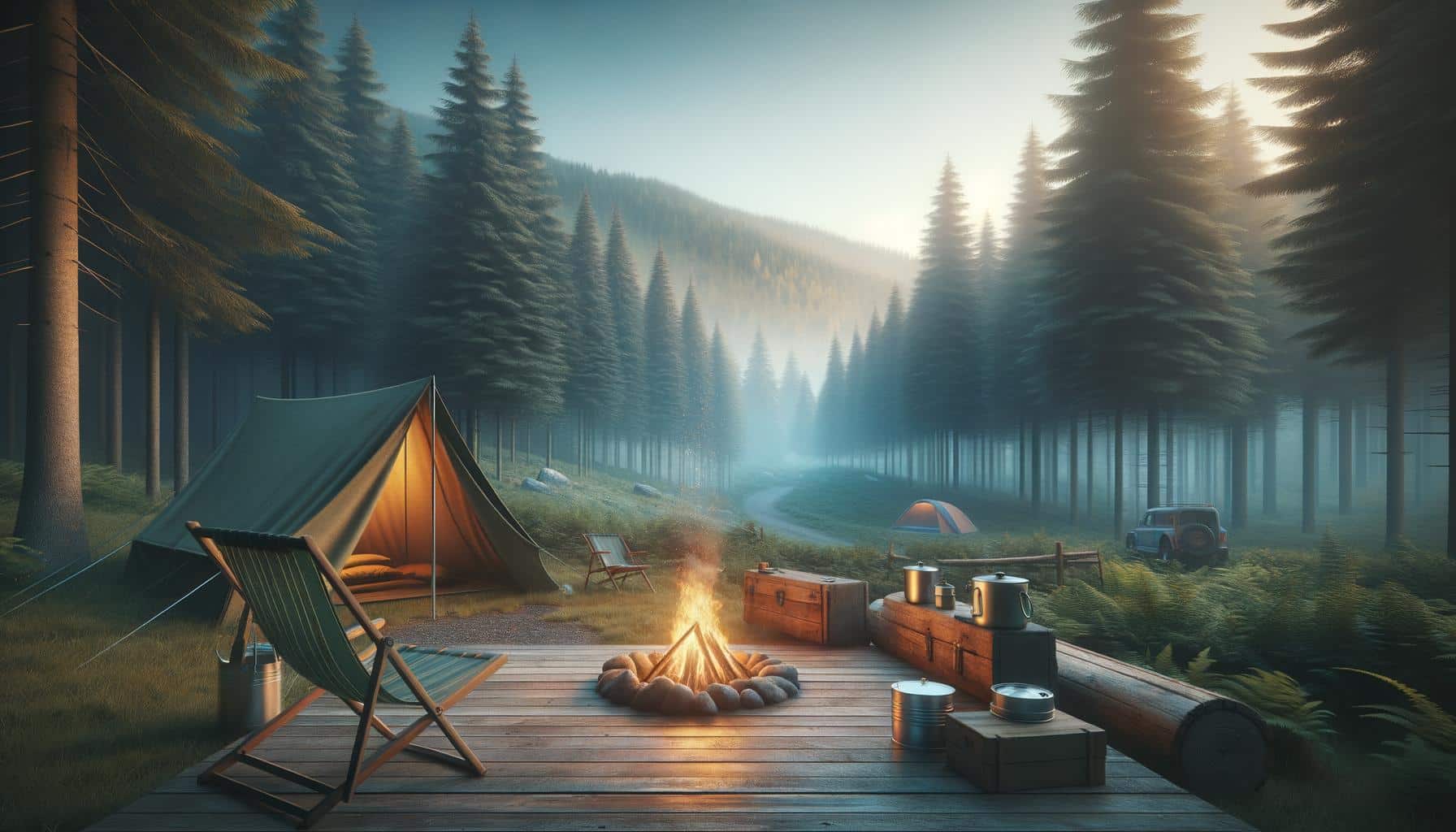 A campsite in a forest with a campfire, tents, and camping gear on a wooden platform.