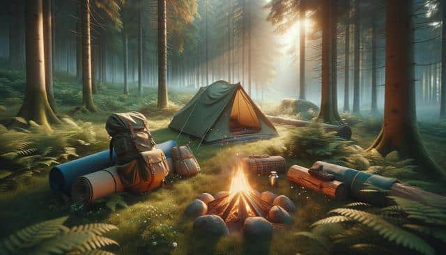 A peaceful forest campsite with a tent, backpacks, sleeping pads, and a lit campfire surrounded by trees.
