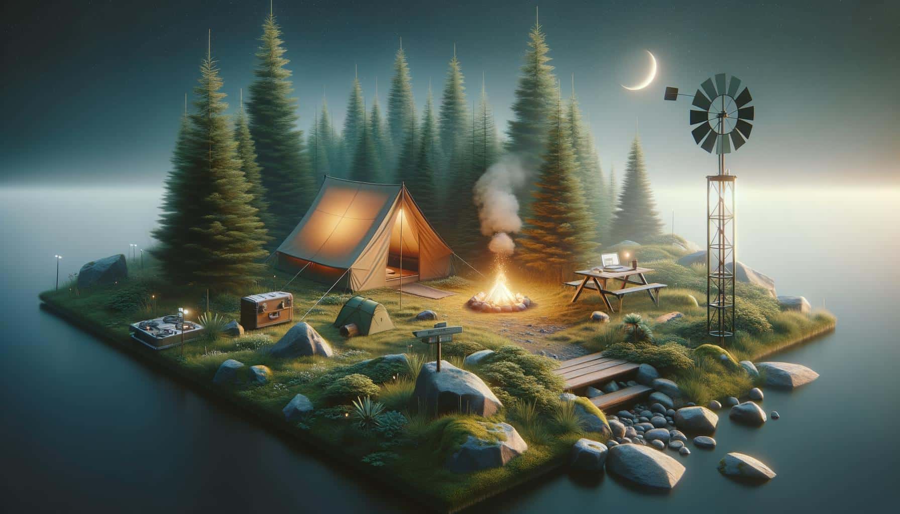 A serene campsite on a small grassy island with a tent, campfire, and trees. A picnic table, windmill, and crescent moon are visible.