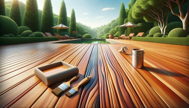 A sunlit deck with paint supplies overlooks a pool, surrounded by neatly trimmed bushes and tall trees.