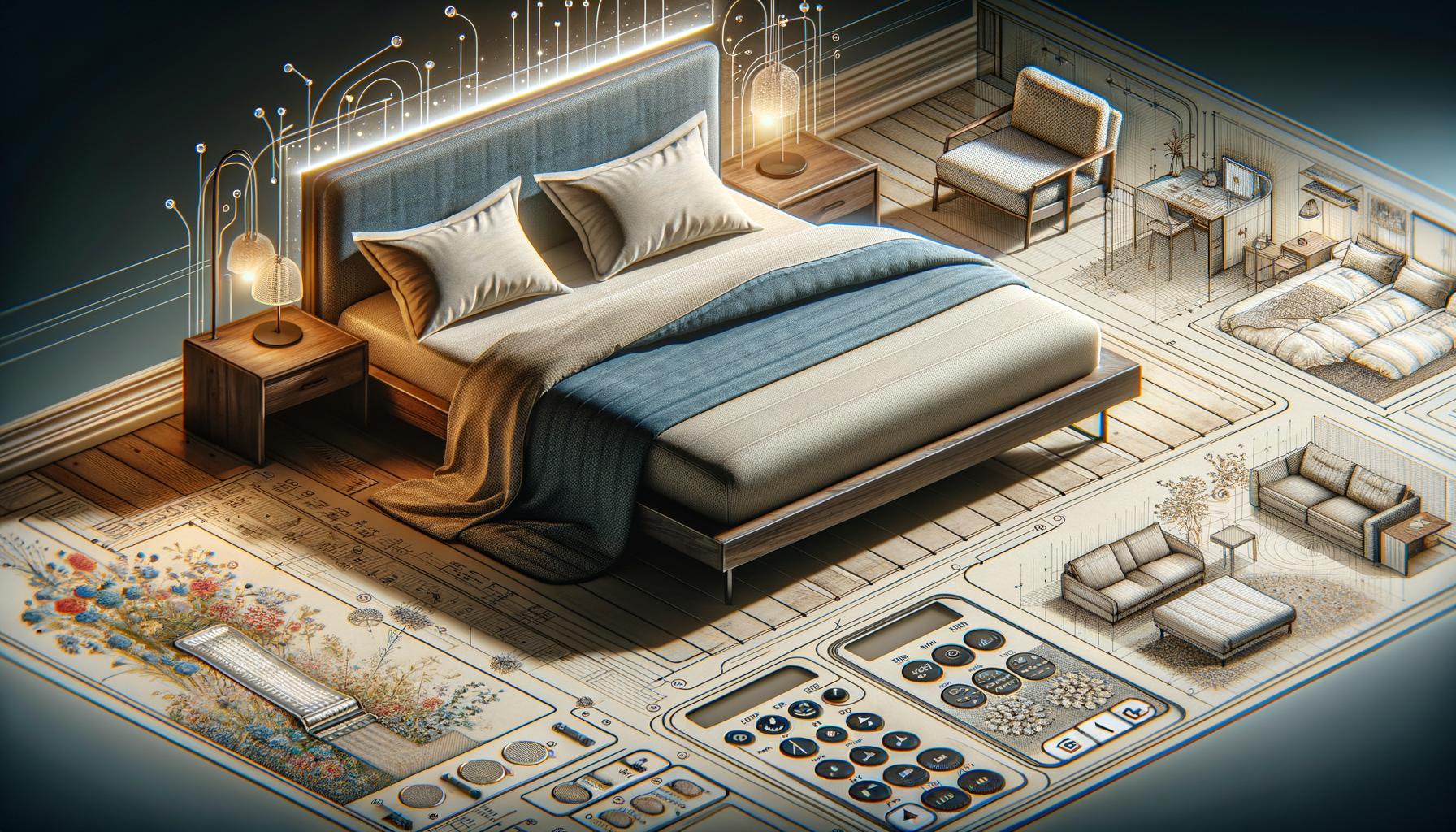 Tech-infused bedroom with a futuristic bed, digital table lamps, smart features, integrated furniture, and a virtual control panel.