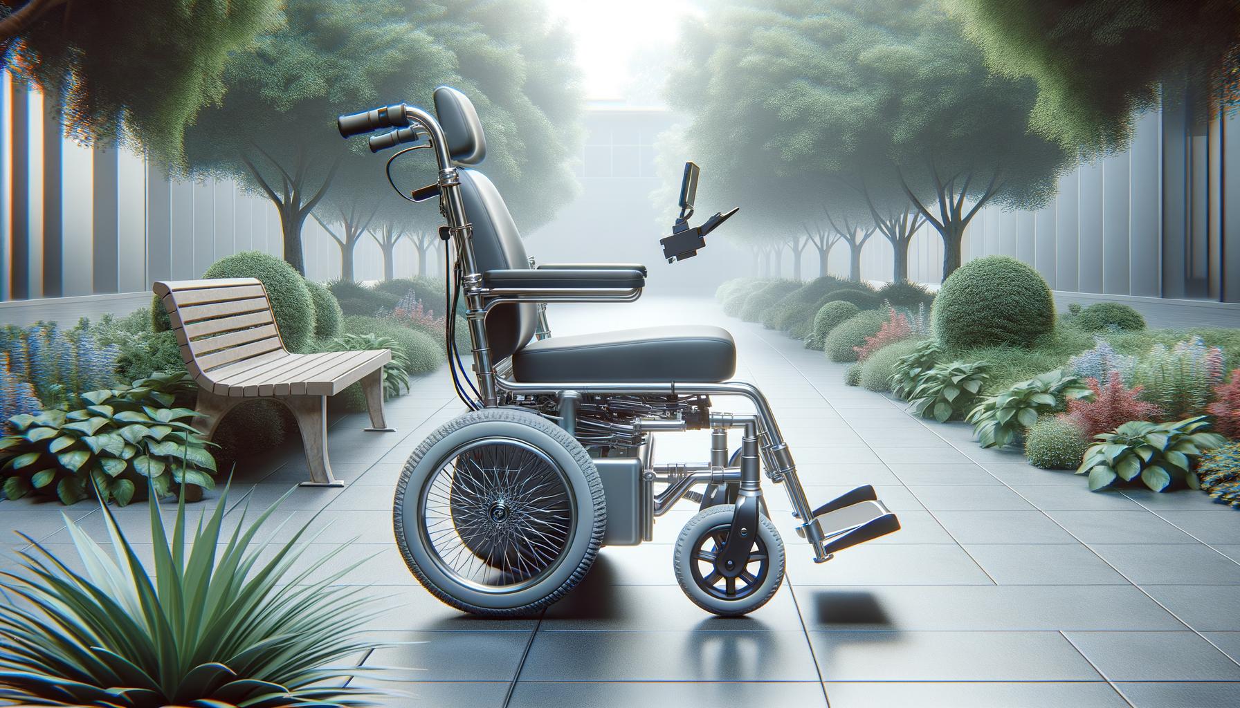 A motorized wheelchair on a garden path, with trees and bushes in the background.