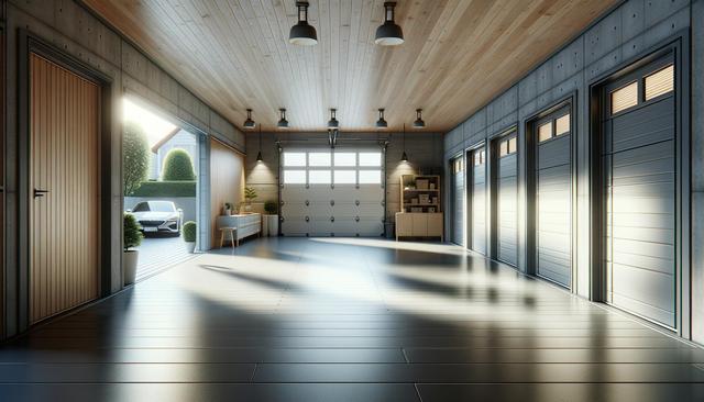Modern, spacious garage with wooden ceiling, sleek flooring, and closed shutters; a parked car visible outside.