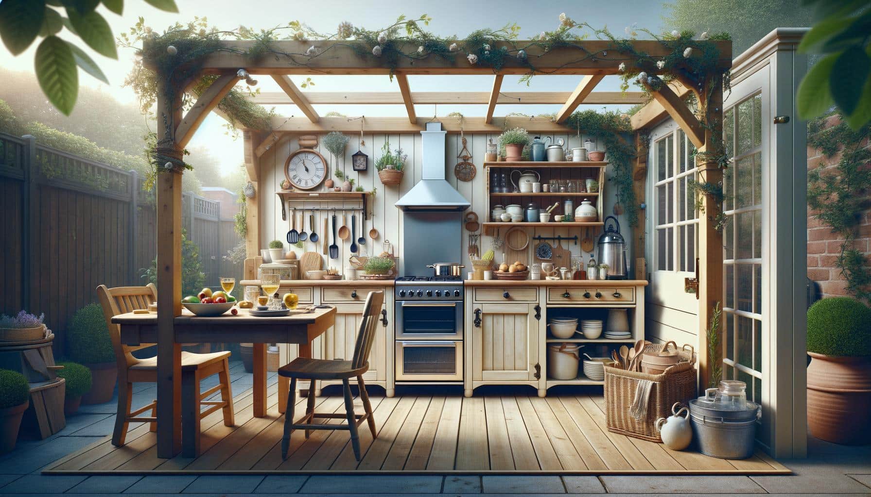 Rustic outdoor kitchen with wooden furniture, open shelves, pots, and utensils, under a pergola entwined with vines.