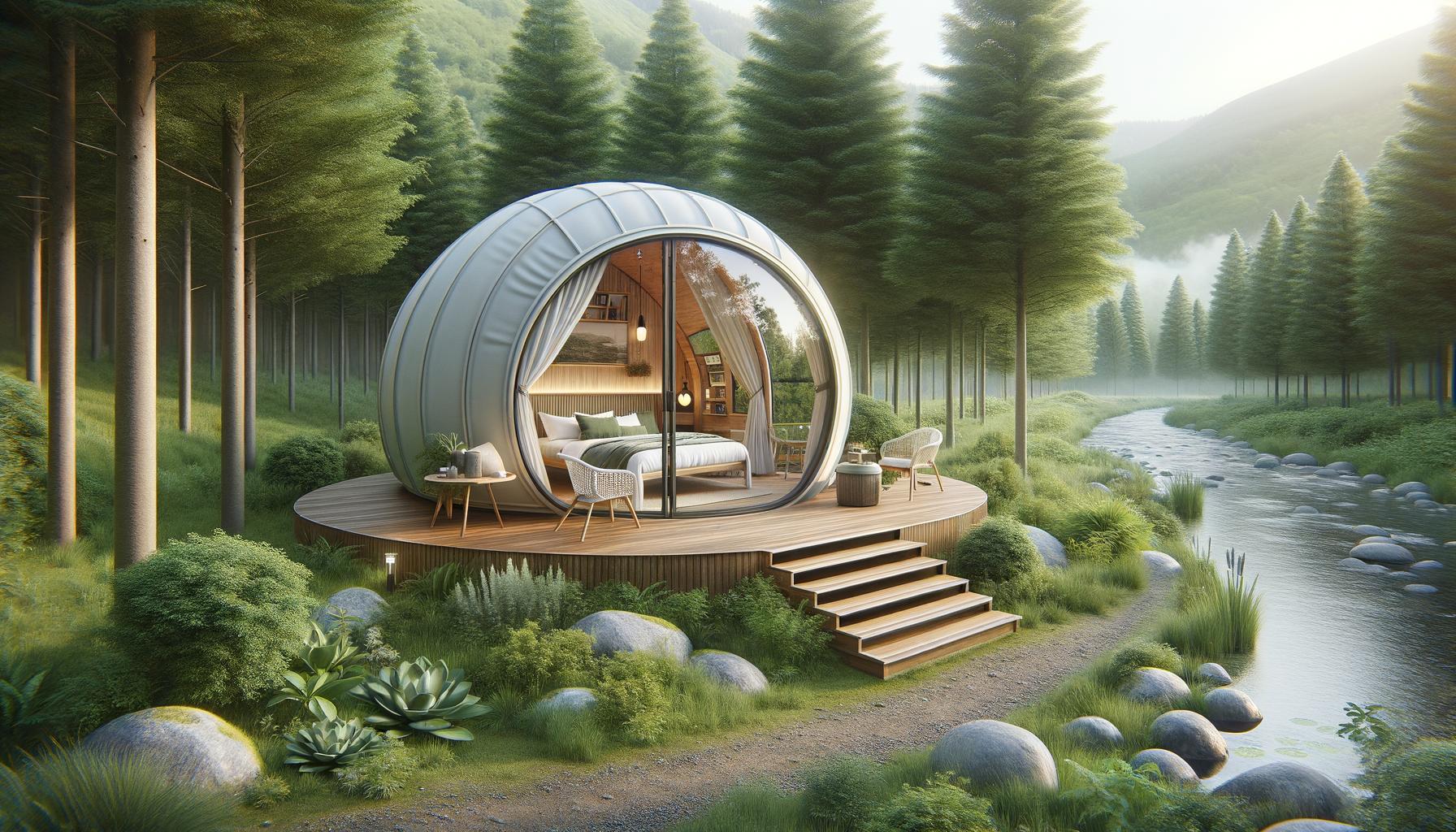 Futuristic pod-shaped cabin with glass front on a wooden deck in a lush forest by a river.