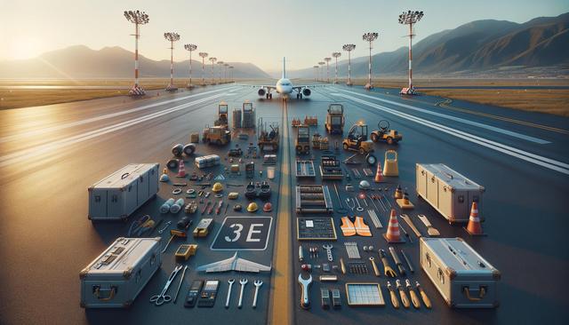 Airplane on runway with organized tools, equipment, and boxes in foreground, mountain landscape in background.
