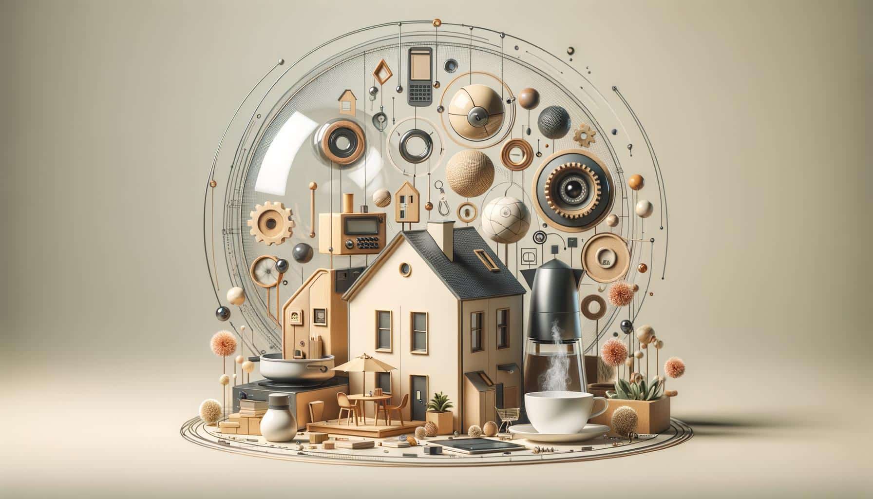 Miniature modern home and furniture surrounded by tech gadgets and abstract gears.