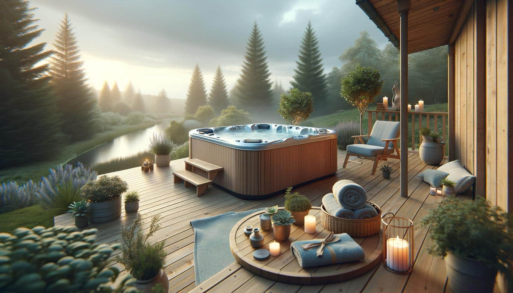 A wooden deck with a hot tub, surrounded by candles and plants, overlooking a serene river and forest.